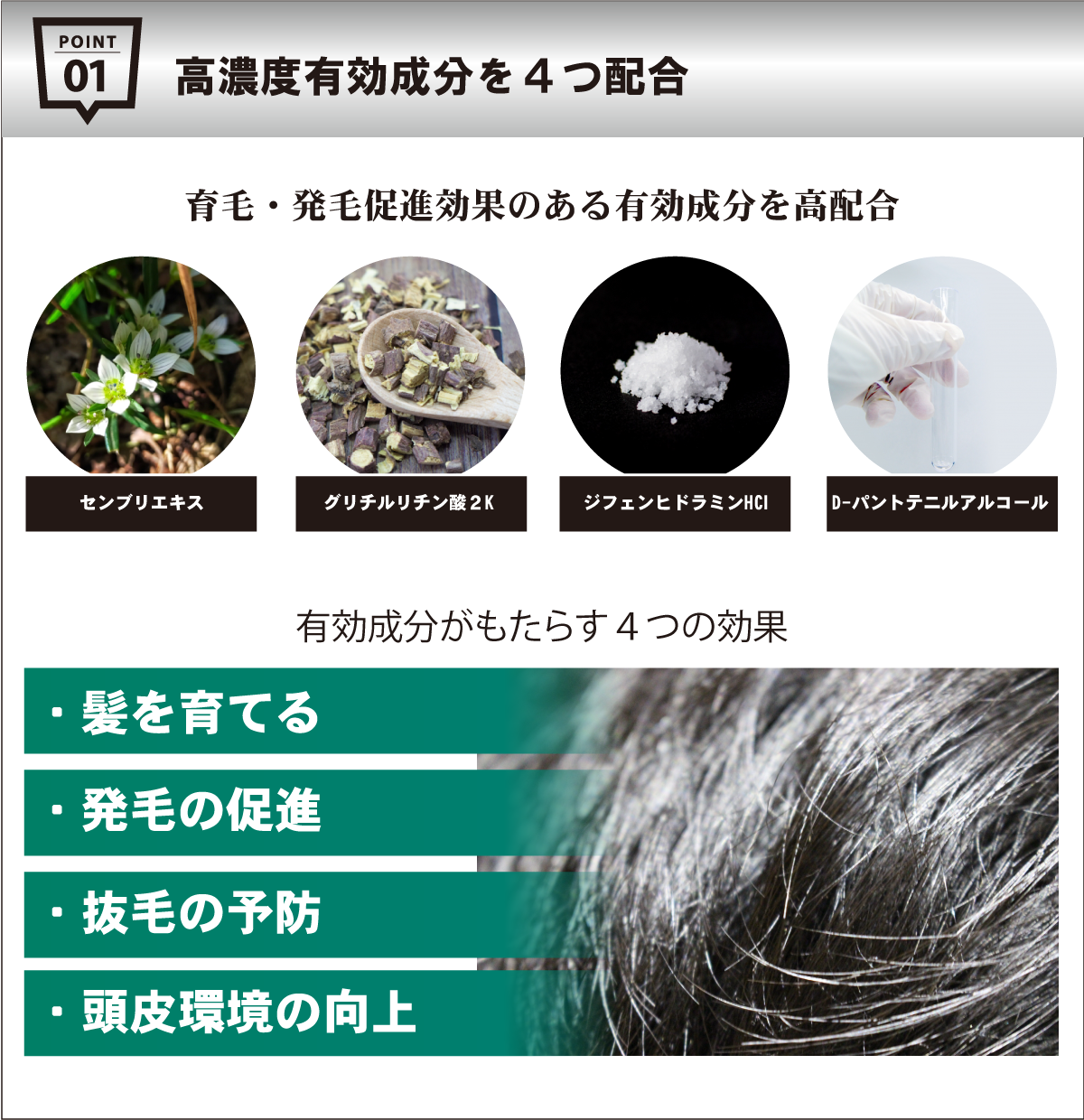 薬用育毛剤JoooKER（ジョーカー）ポイント1．薬用有効成分を４つ配合。育毛・発毛促進効果のある有効成分を高配合